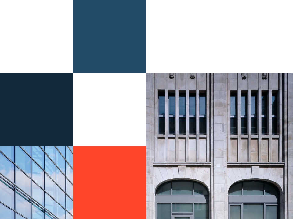 Collage: zwei Ausschnitte von Häuserfassaden, bunte Farbflächen