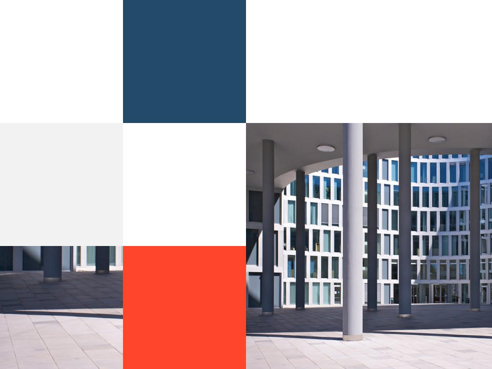 Collage; Ausschnitte Gebäudefassaden, Säulengang, bunte Farbflächen