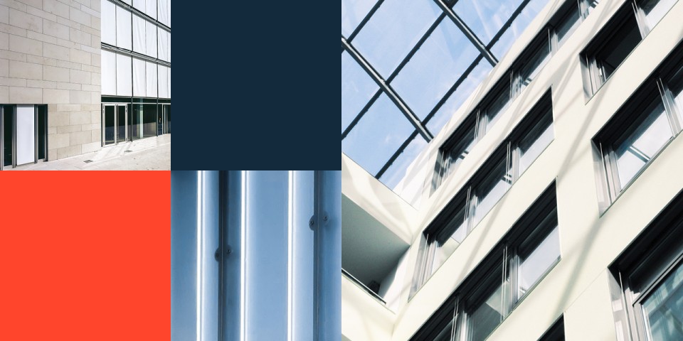Collage; Ausschnitte Gebäudefassaden, Lichthof, viel Glas