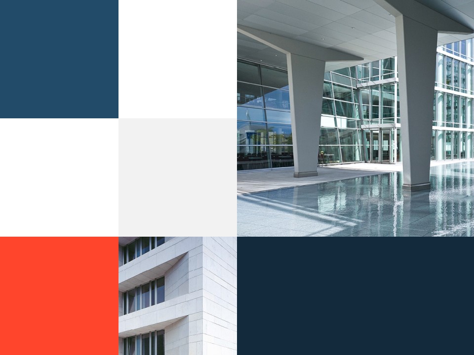 Collage; Ausschnitte Gebäudefassaden, Säulengang, Farbflächen