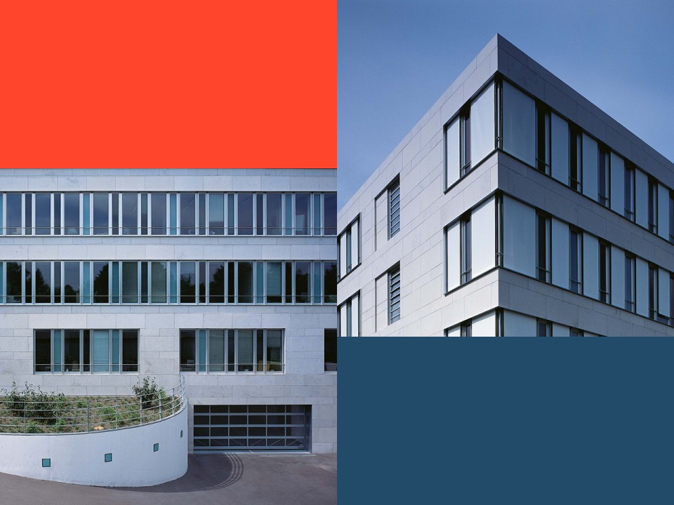 Collage; Ausschnitte Gebäudefassaden, bunte Farbflächen